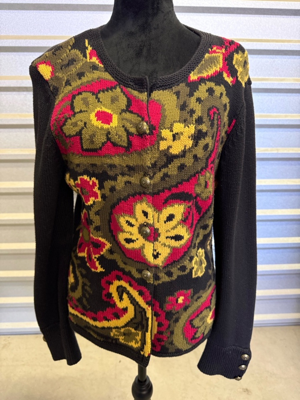 David Brooks Cardigan Sweater Black Colorful Floral Embroidered Cottagecore Sz L